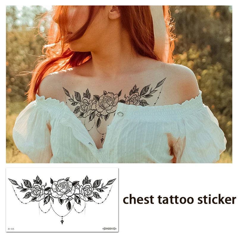 

Черная сексуальная роза временная татуировка-наклейка для груди, спины и живота; водонепроницаемая и временная.