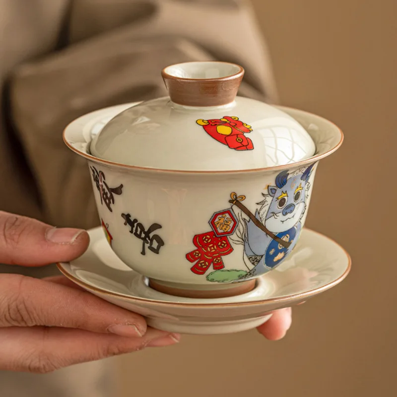 The Year Of The Dragon Honey Glaze Three Cover Bowl Teacup A Single High-end Home Chinese Kung Fu Tea Set Ceramic Tea Bowl