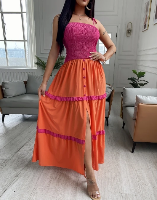 

Women's Camisole Long Skirt with Pleats, Slim Fit and Fashionable Orange Lace Contrast Splicing, Split Camisole Skirt