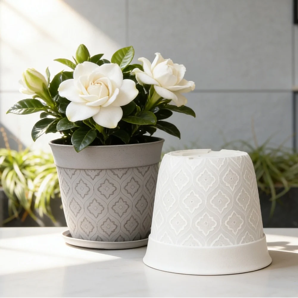 8in Plastic Flower Pot With Drainage Holes And Saucer Plant Pot For Succulents Orchid Desktop Potted Plant Home Garden Decor