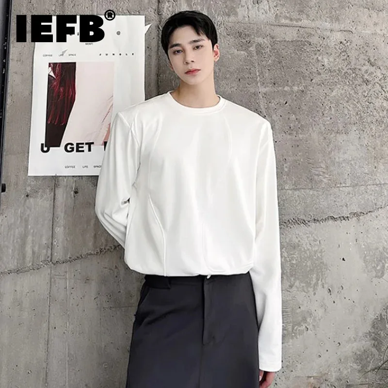 

IEFB Simple Men's T-shirts Round Collar Casual Patchwork Knitting Long Sleeve Male Tops Solid Color Tees Autumn Chic 9C6986