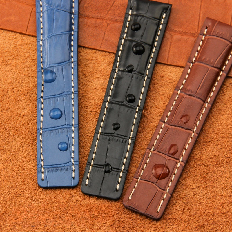 22mm 24mm Genuine Leather Watch Strap for Breitling Cowhide Bracelet Black Blue Brown Watch Band Silver Metal Buckle Replacement