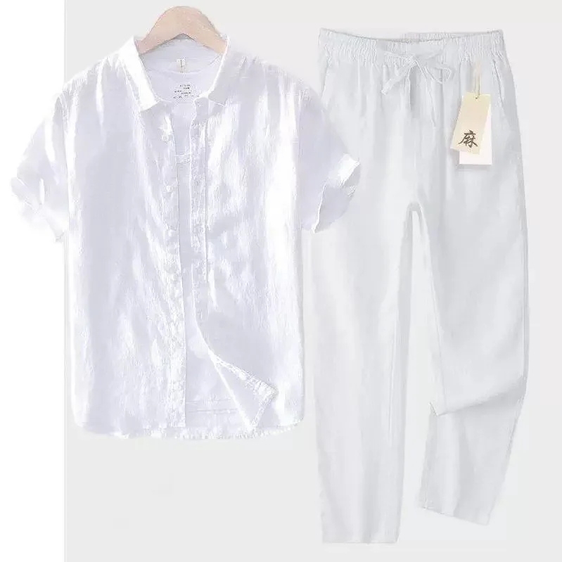 Casual Cotton Linen Shirt Men's  Loose Versatile Youth Linen Shirt Short Sleeve Basic Artistic Leisure Male Model Summer