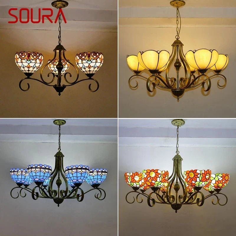 SOURA Tiffany European Living Room PendantLamp Vintage Creative Color Glass restaurant Bedroom Hotel Chandelier