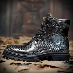 Genuine Leather Men's Boots Retro Snake Pattern Design Men's Chelsea Boots 2025 New Street Trend Shoes for Men Botas Para Hombre
