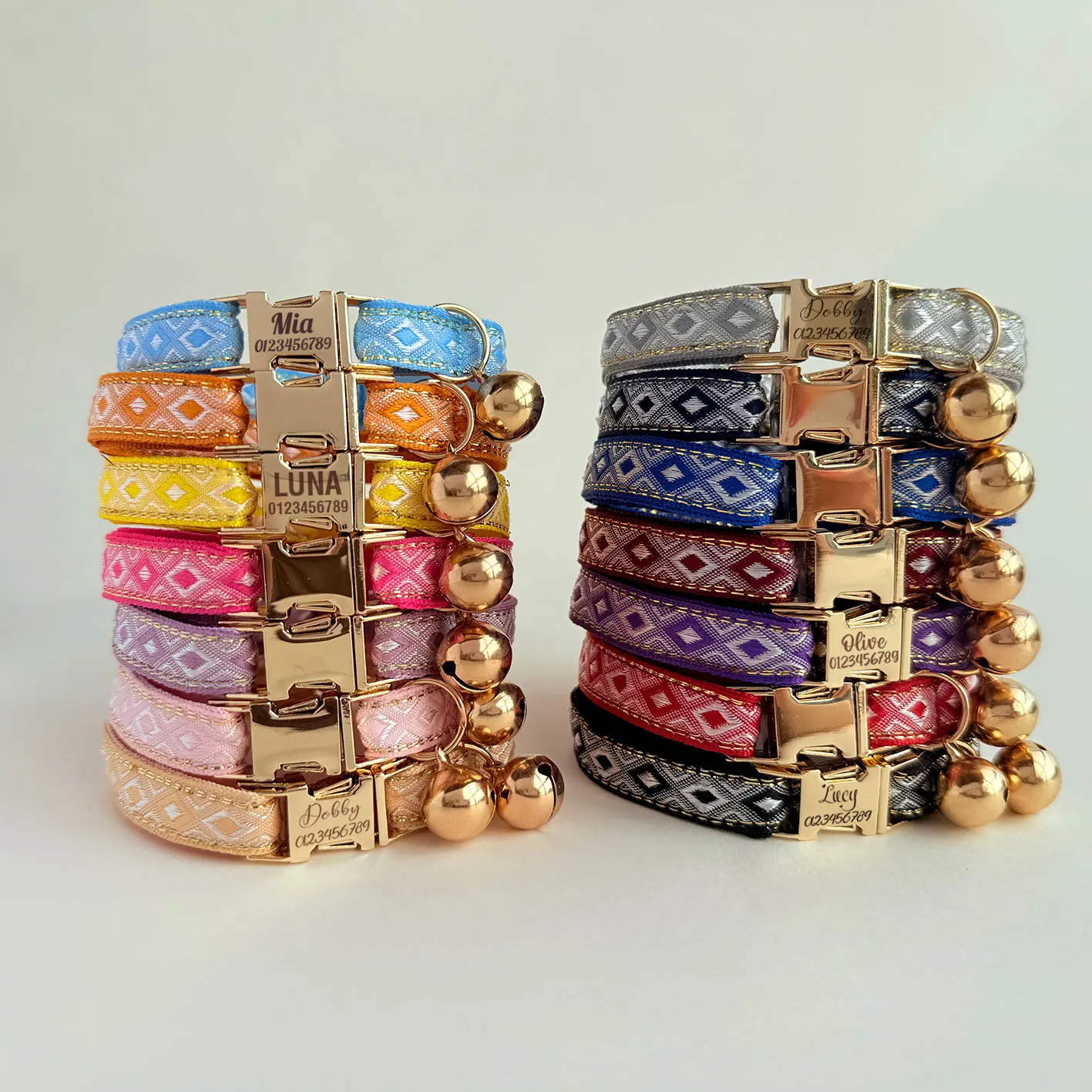 

Personalized Multicolor Jacquard Cat Collar with Gold Thread for Kitten Small dog Adjustable Strap Pet Collar