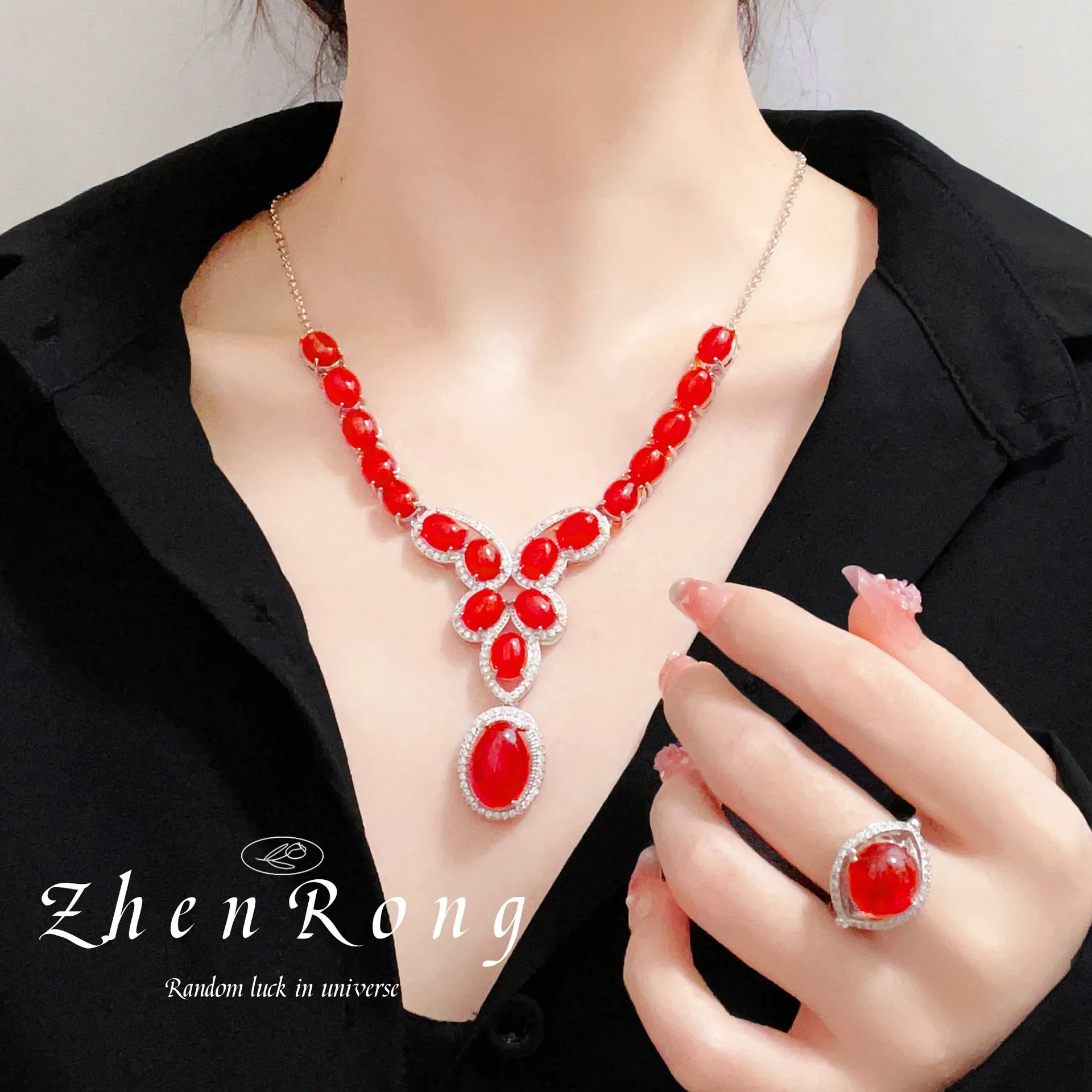 

Foydjew Luxury Evening Dress Accessories Pigeon Blood Red Ruby Necklaces Bracelet Earrings Rings 4-Piece Jewelry Sets For Women