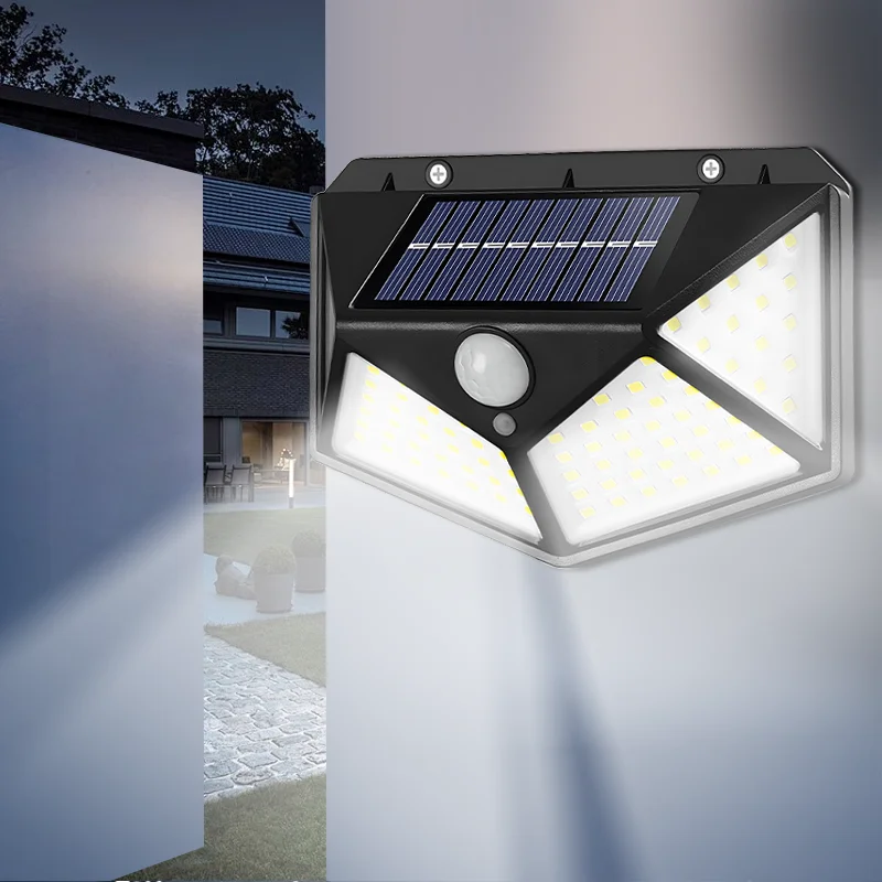 

New 100 LED Solar Wall Lamp 4 Sides Luminous With Motion Sensor Outdoor Garden Courtyard Waterproof Working at night Wall Light