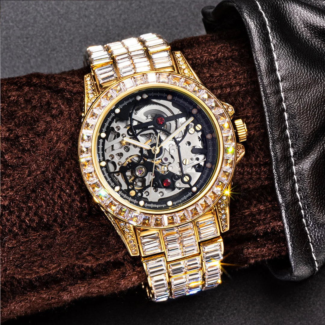 Orologio meccanico automatico Scheletro Hip Hop Business Orologio da polso in oro pregiato Orologi di lusso in oro rosa