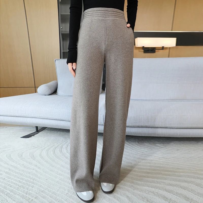 New Women\'s Wide Leg Pants for Autumn and Winter High Waist, Drop Feeling Thickened Straight Leg Pants, Pure Wool Knitted Pants