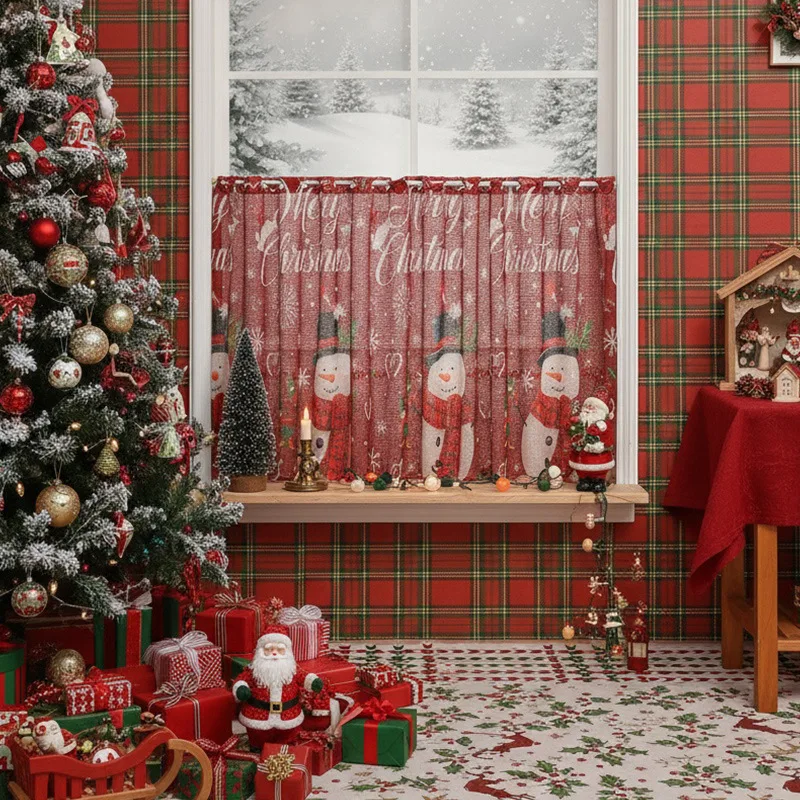 Vintage American Christmas Print Cafe Curtain Lace Trim Blackout Short Curtain Kitchen Door Rod Pocket Half Window Holiday Decor