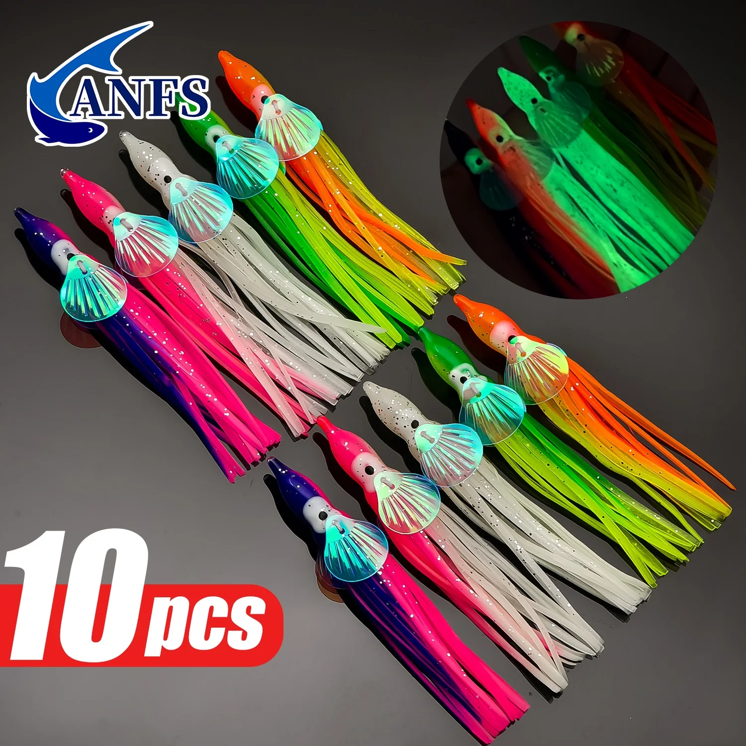 ANFS10pcs Glow-in-the-Dark Squid Skirt Fishing Lures, Soft Rubber Octopus Skirts ,Trolling Bait – Perfect for Night Fishing