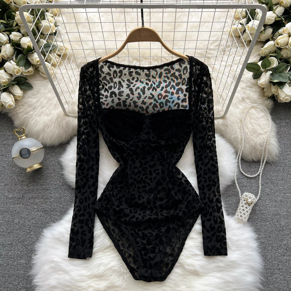 Sexy See Through Mesh Bodysuit for Women Black Square Collar Long Sleeve Skinny Velvet Body Tops Club Party Bodysuits