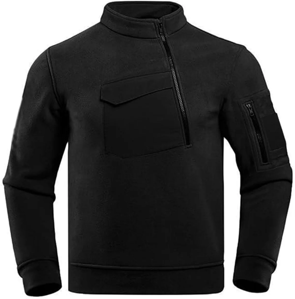 New Men's Solid-color Zipper Long-sleeved Arm Pocket Fleece Stand-up Collar Pocket Polo Shirt For Autumn And Winter