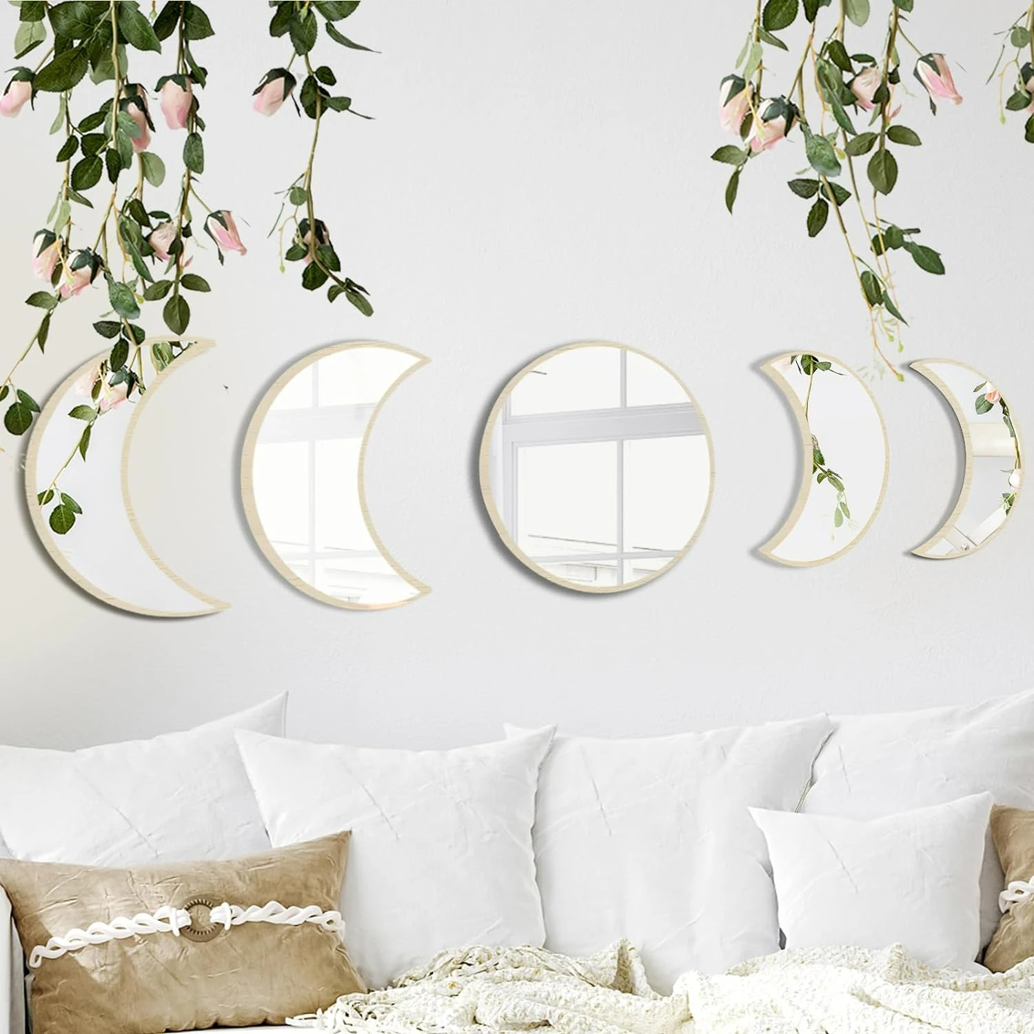 

Stunning Set of 5 Beautiful Acrylic Mirrors for Bohemian Moon Phase - Chic Boho Style Bedroom and Living Room Decor - Ideal Home