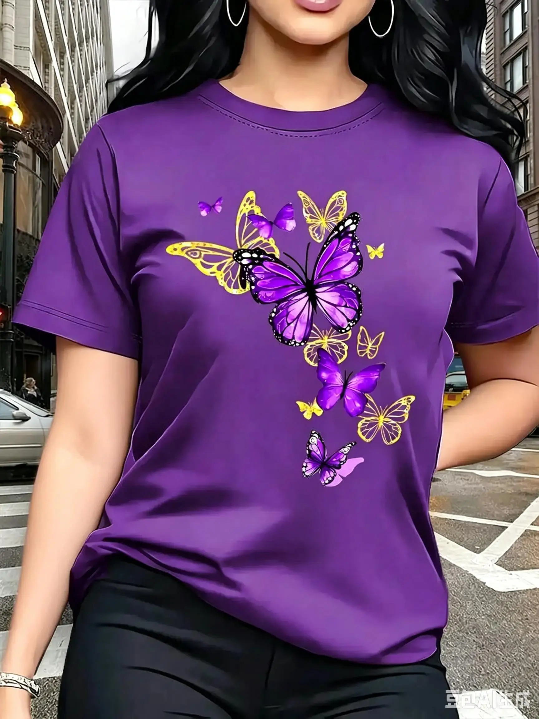 New T-shirt with Butterfly Pattern Print Round Neck Golden Element Design Exquisite and Gorgeous Breathable and Lightweight
