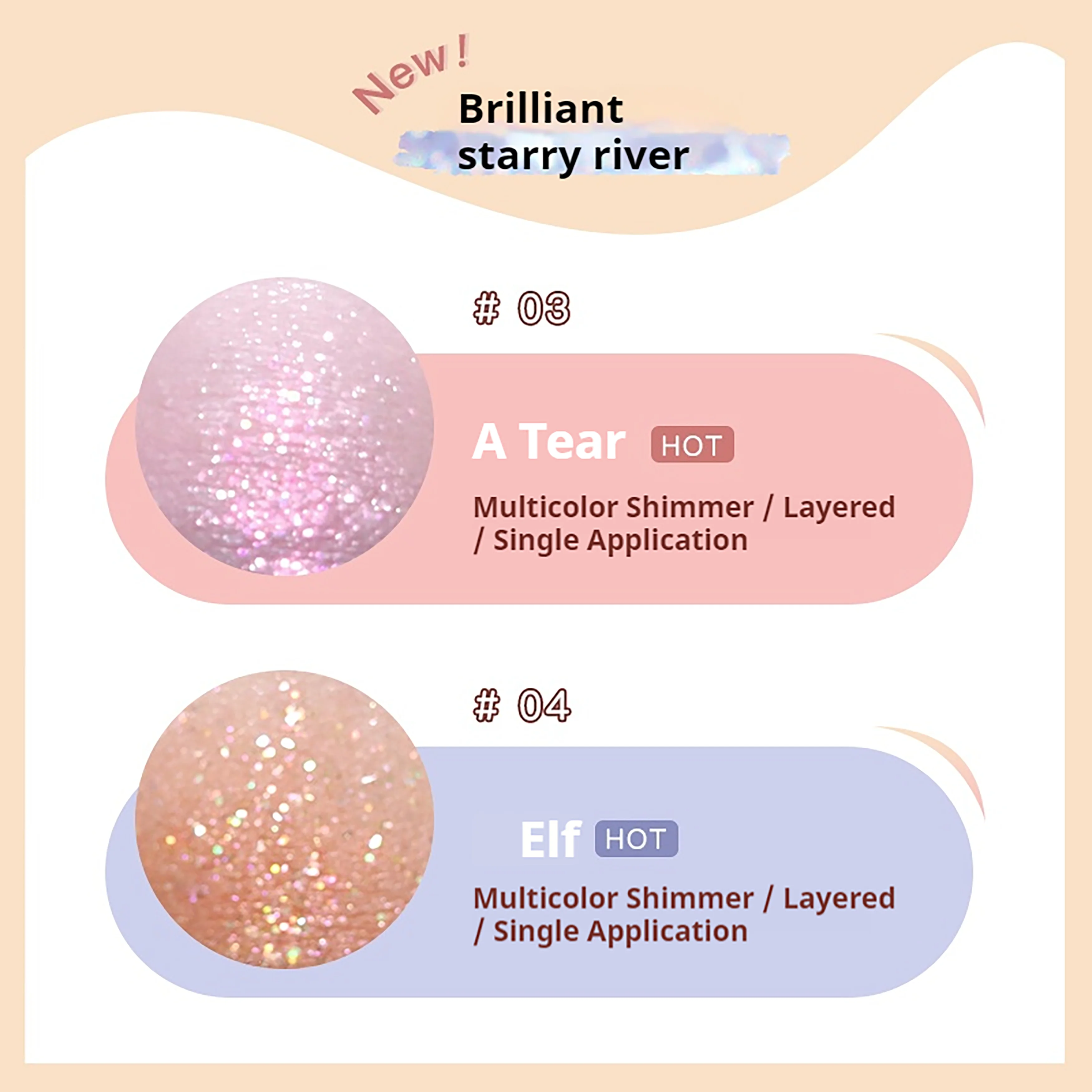 Sombra líquida com acabamento orvalhado, brilho sutil e de longa duração. Ilumina a área de calha de rasgo para um efeito luminoso.