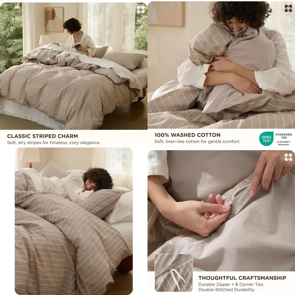 

Queen Size Striped Duvet Cover - 100% Cotton, Linen Texture, Tan & White Stripes, 90x90