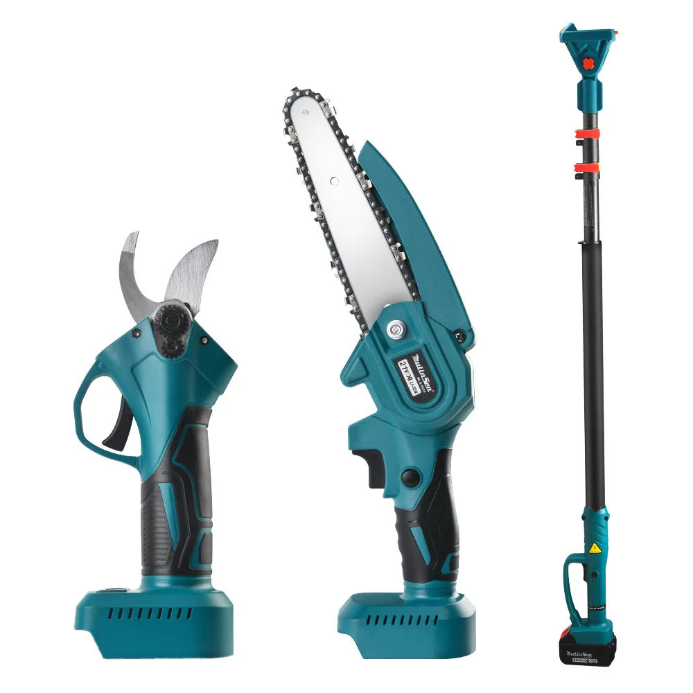

Electric chain saw for garden and outdoor use, single-handed, with telescopic high branch cutter and high branch saw, pole set