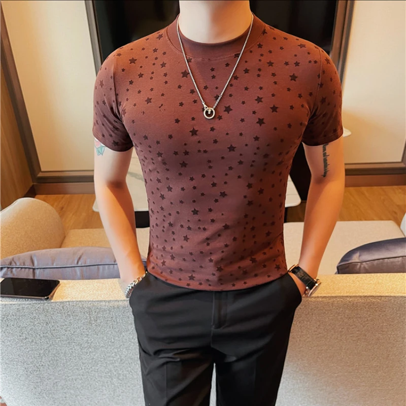 Summer Flocking Five Pointed Star Short Sleeved T-shirt for Men's Solid Color Round Necked Casual Business Tee Tops Men Clothing