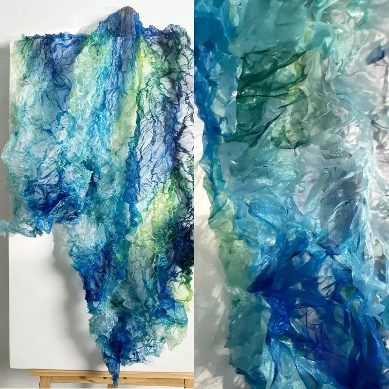 Gradient Glazed Water‑light Sheer Organza Fabric Irregular Crinkle 3D Texture  Painting Brush Effect Designer Material for Party