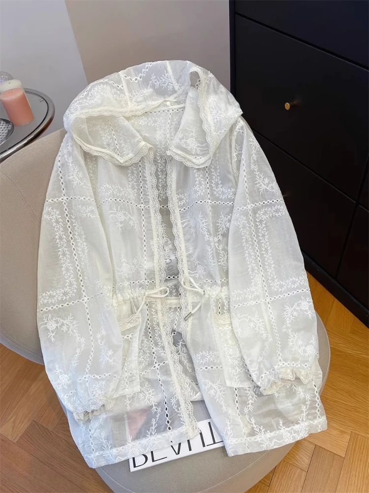 

Lace Sun-Protective Jacket Women New Embroidery Summer Drawstring Cinched Hooded Cardigan Loose Thin Outwear Sunscreen Clothing