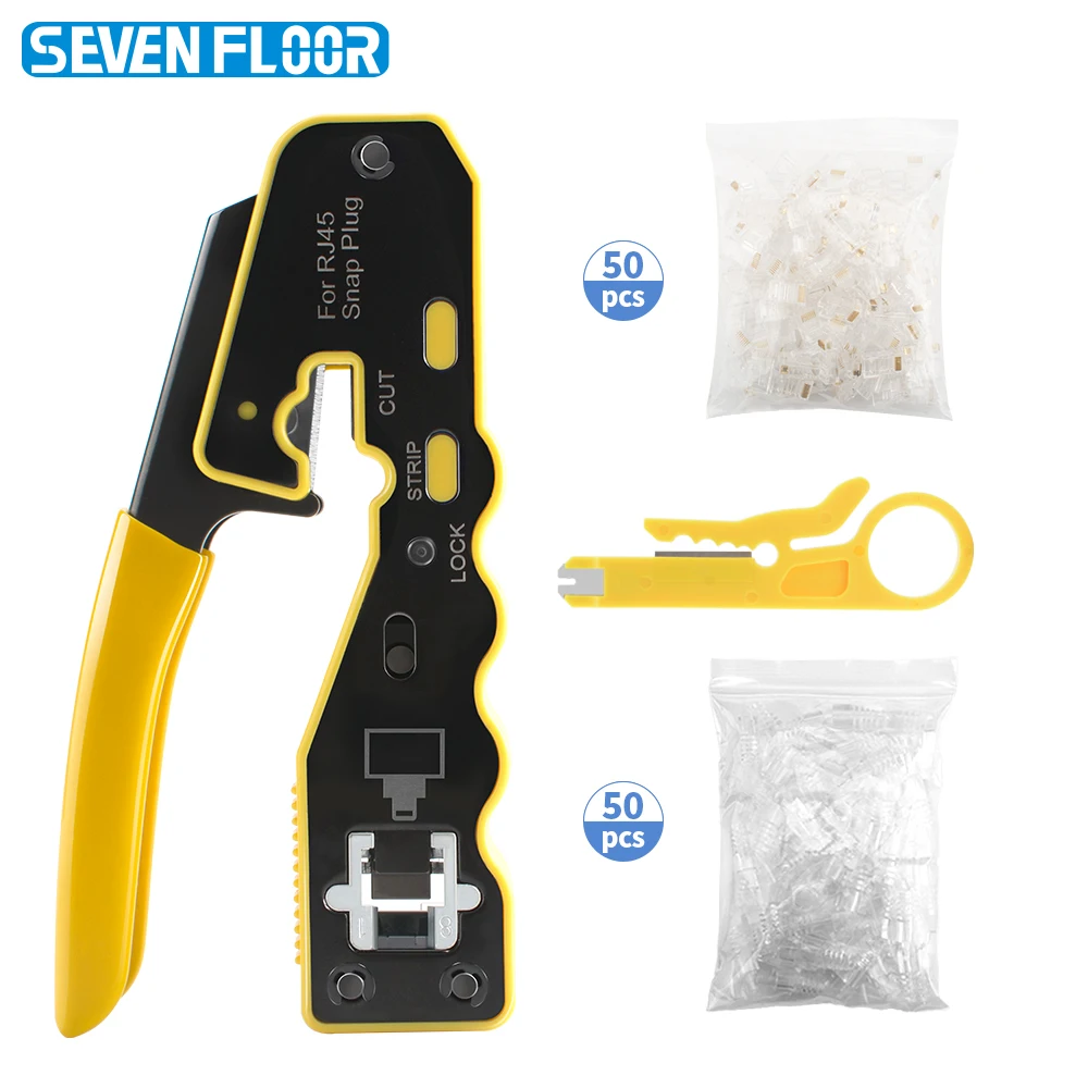 Cat6 Cat5E Pass Through RJ45 Crimper, 8P Crimping Tool Kit with 50pcs 8P8C Cat6 Connectors, Clear Relief Boots & Mini Stripper