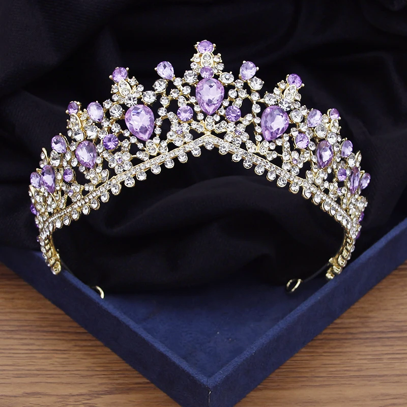 Baroque Purple Crystal Wedding Crown Bridal Tiaras Headdress Prom Bride Crown Hair Jewelry Accessories