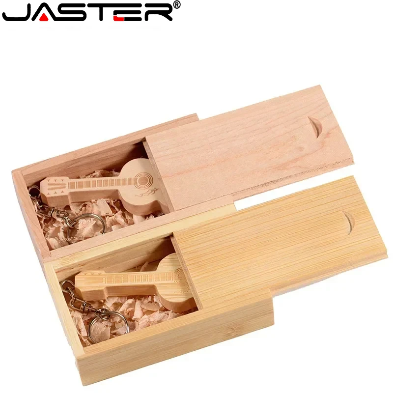 JASTER-Guitar Flash Drive com Caixa de Madeira, Pen Drive com Chaveiro Livre, Memory Stick, USB 2.0, Pretty Gift, Creative, 128GB, 64GB, 32GB