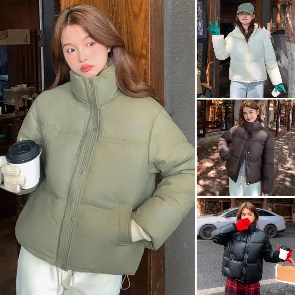 Chic Winter Zipper Stand Collar Women's Bread Coat Pure Color Korean Version Loose Fit Cotton Pockets Windproof Outwear Jacket