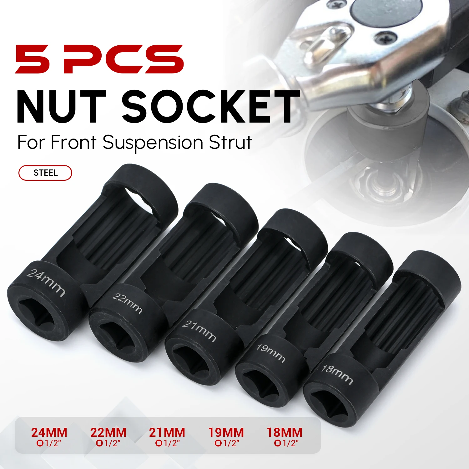 5pcs Front Suspension Strut Nut Socket W/12 Point Sockets 1/2 inch Drive 18mm 19mm 21mm 22mm 24mm