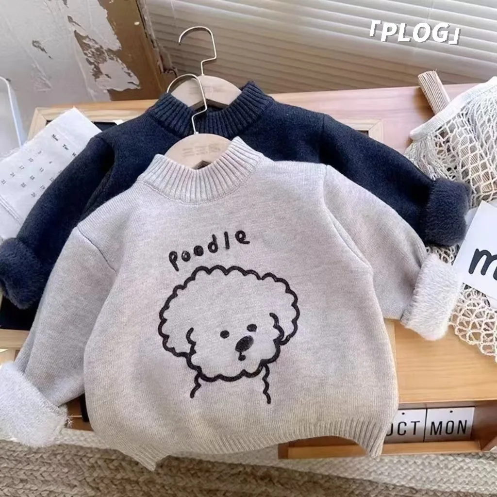 2024 autumn and winter thick one-piece velvet sweater, semi high neck Boy's baby pullover boys' fashionable sweater base sweater