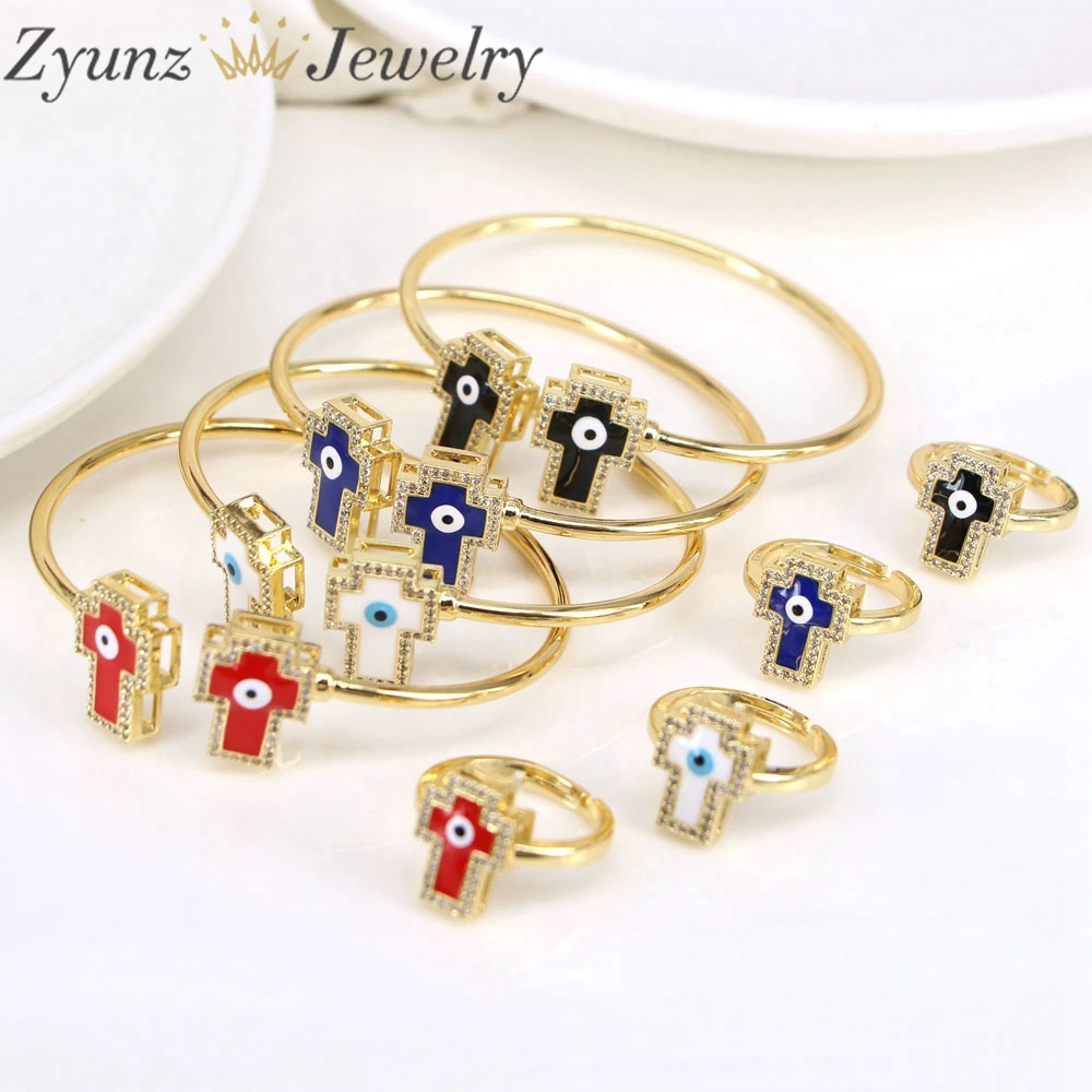 4 sets, Greek Evil Eye Cross Shape Charm Zircon Enamel Bracelets Rings and Bangles For Women Gold Plated Fashion Jewelry