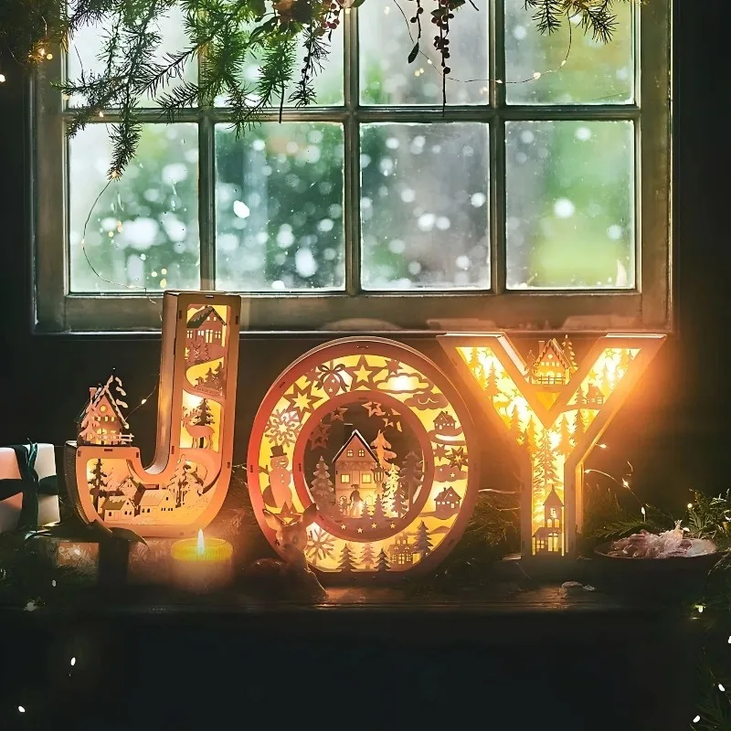 2027 Christmas Decor Indoor Joy Sign Light up Wood Letters Table Decor Xmas Lighted Letter Joy Marquee Signs 3D LED Family Decor