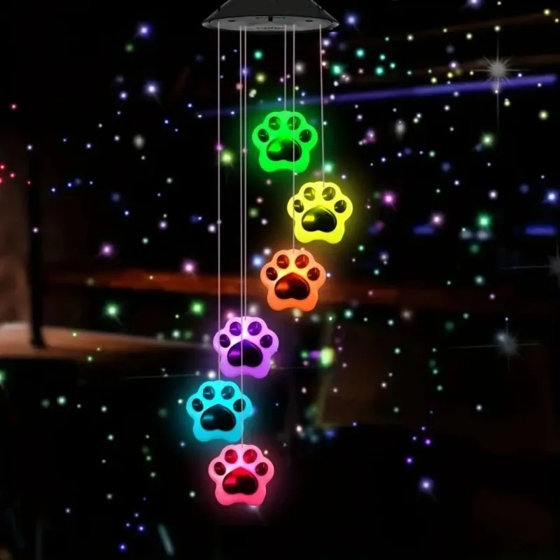 Color Changing Solar Paw Print Wind Chime LED Hanging Lights Waterproof Outdoor Garden Patio Yard Landscape Decorative Lamp Gift