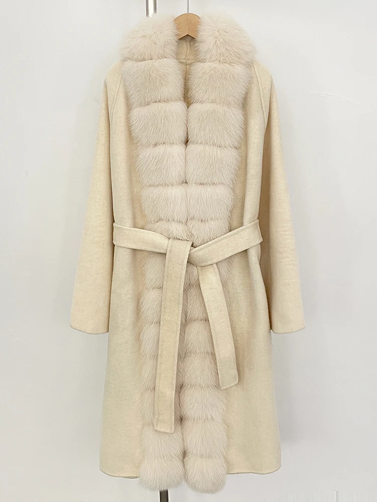 

New Women Long Natural Fur Wool Coat Fashion Warm Big Real Fox Fur Jacket Female Autumn Winter Clothes Woolen Overcoat