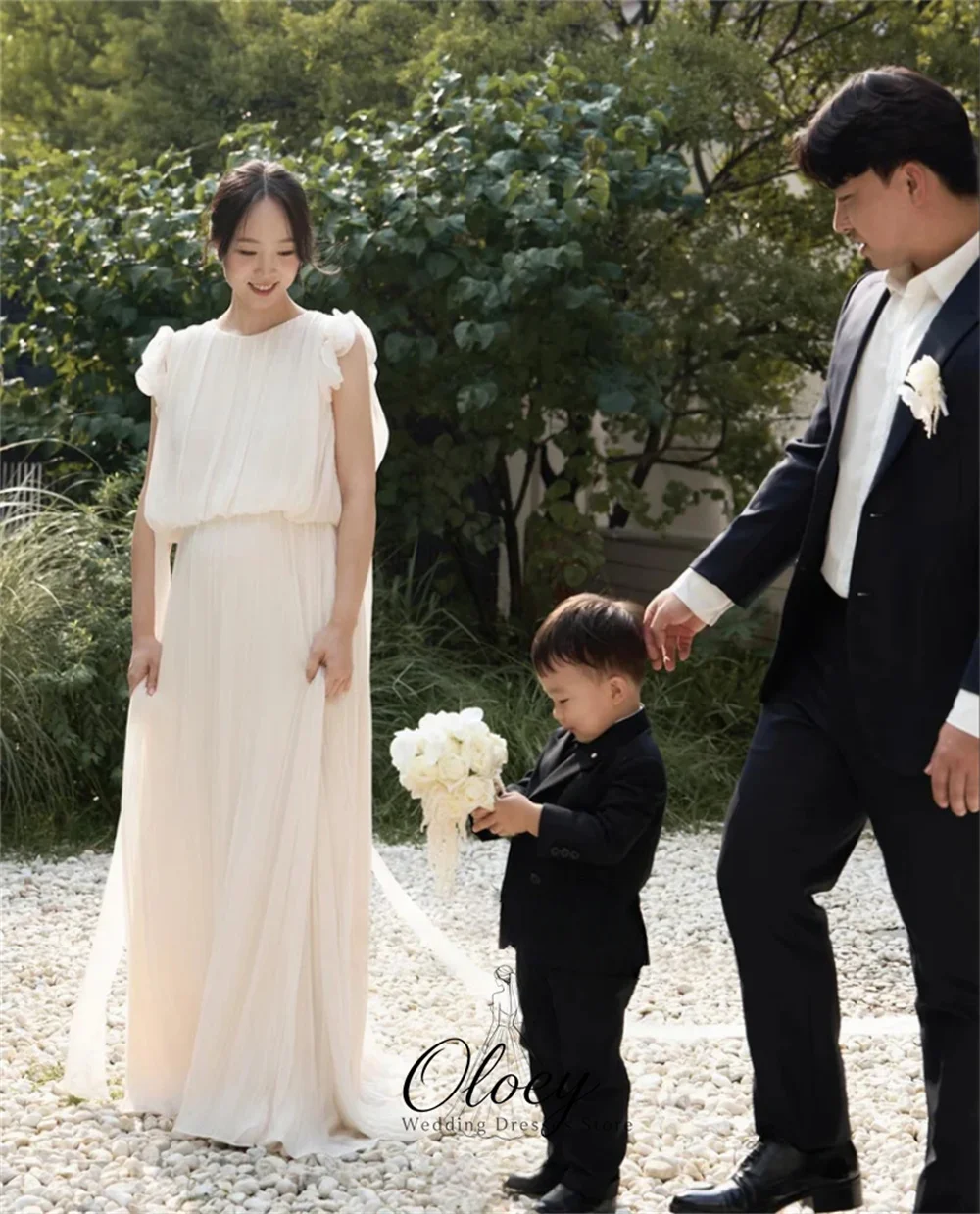 OLOEY Elegant A-Line Chiffon Korea Wedding Dress Photo Shoot Round Neck Sleeveless Customized Bridal Gown Beach Wedding Dress