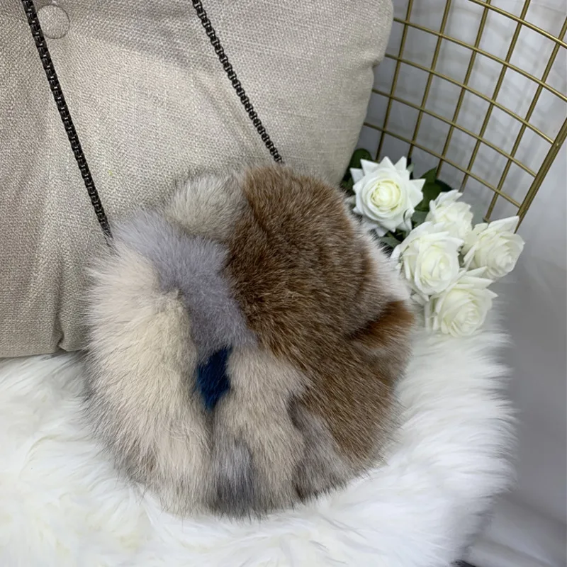 Real Fox Fur Small Round Bag Women Single Shoulder Bag Natural Colorful Fur Bag Handbag For Women Real Leather Evening Party Bag