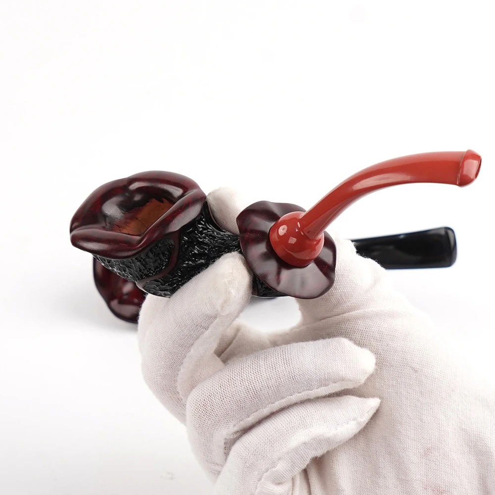 Lady Mini Tobacco Pipe Hand-Carved Flower Type Smoking Pipe Black Background Red Stripes With Black Cumberland Stem