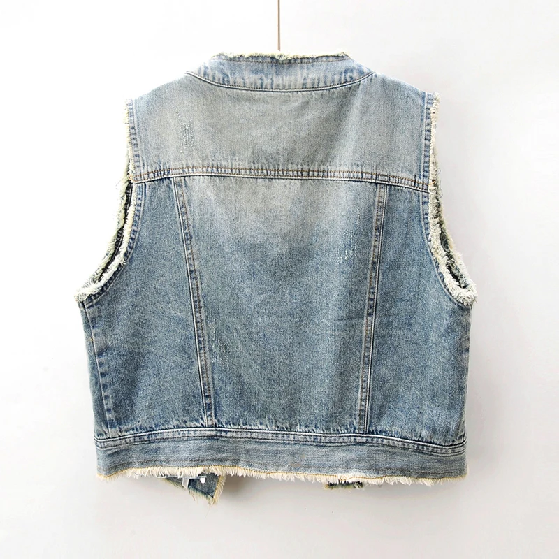 Vintage Light Blue Frayed O Neck Denim Vest Women Waistcoat Cowboy Sleeveless Jacket Spring Autumn Loose Short Jeans Vest Female