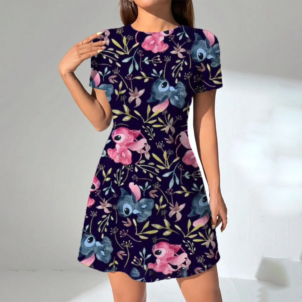 Disney Stitch Lilo พิมพ์ชุดฤดูใบไม้ผลิฤดูร้อนน่ารักเดท Ditsy การ์ตูนแขนสั้น O คอ Mini Cami ชุดลําลองสําหรับสตรี