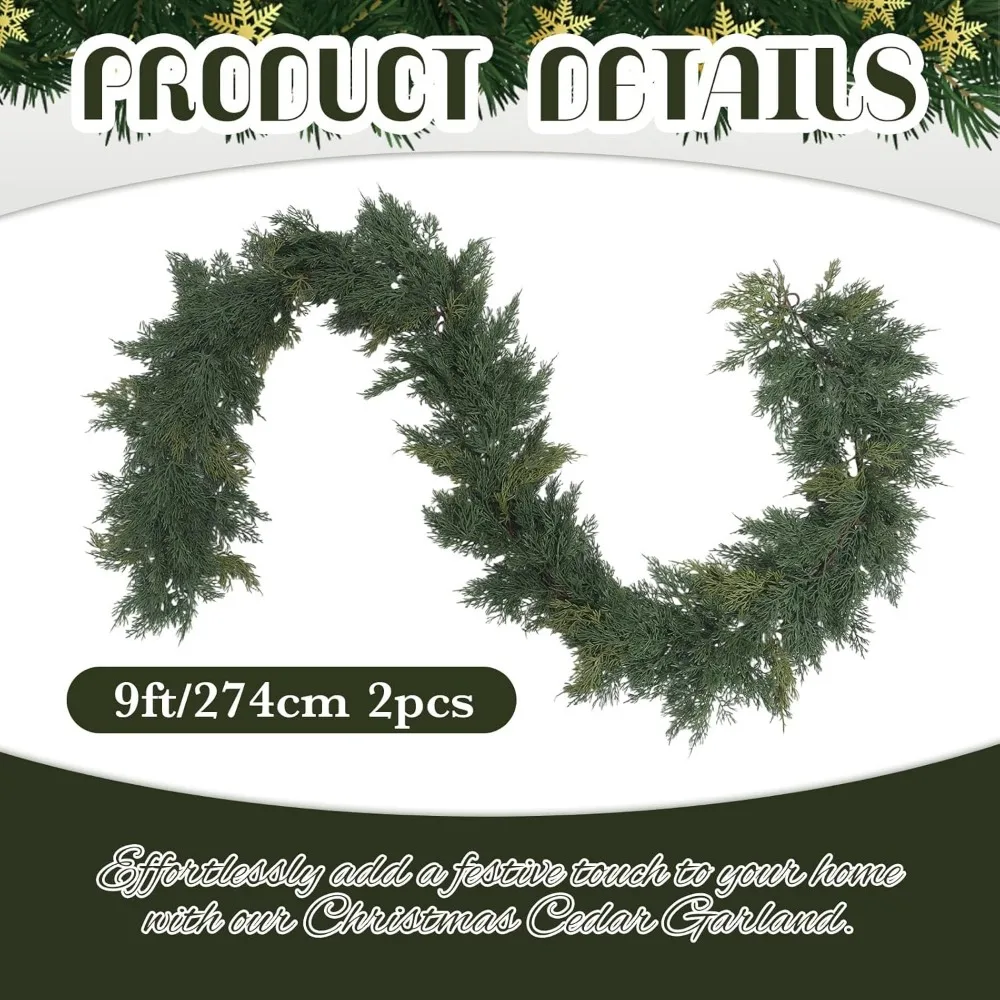 إكليل من خشب الأرز الاصطناعي السميك الناعم بطول 9 أقدام لمدفأة الدرج المنزلية المزخرفة لعيد الميلاد #3