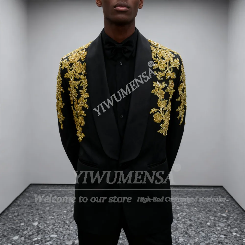 

Модные свадебные костюмы с золотой вышивкой для мужчин, приталенная куртка, брюки, комплект из 2 предметов, формальные смокинги для жениха, мужская одежда по индивидуальному заказу, наряды