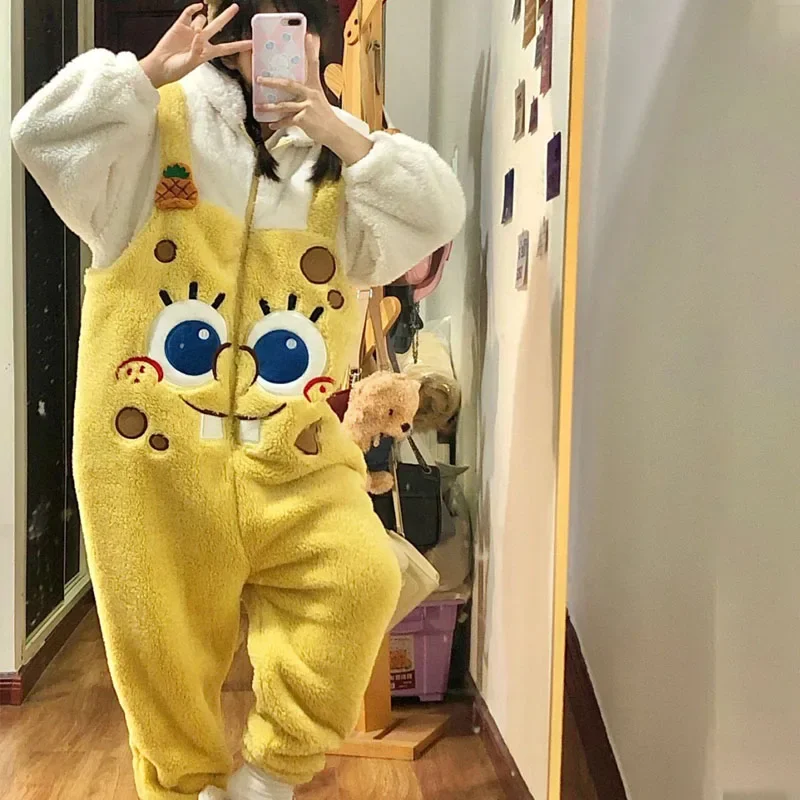 

Cartoon Cute Spongebob Squarepants Coral Plush Pajamas Women's Winter Patrick Star One Piece Home Thickening Set Couple Style