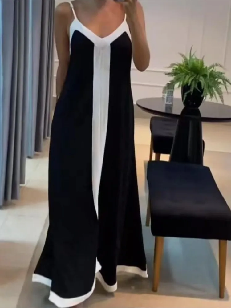 

Elegant Temperament Contrast Color V-neck Long Suspender Dress Women's High Waist Sleeveless Comfortable Casual Loose Dress