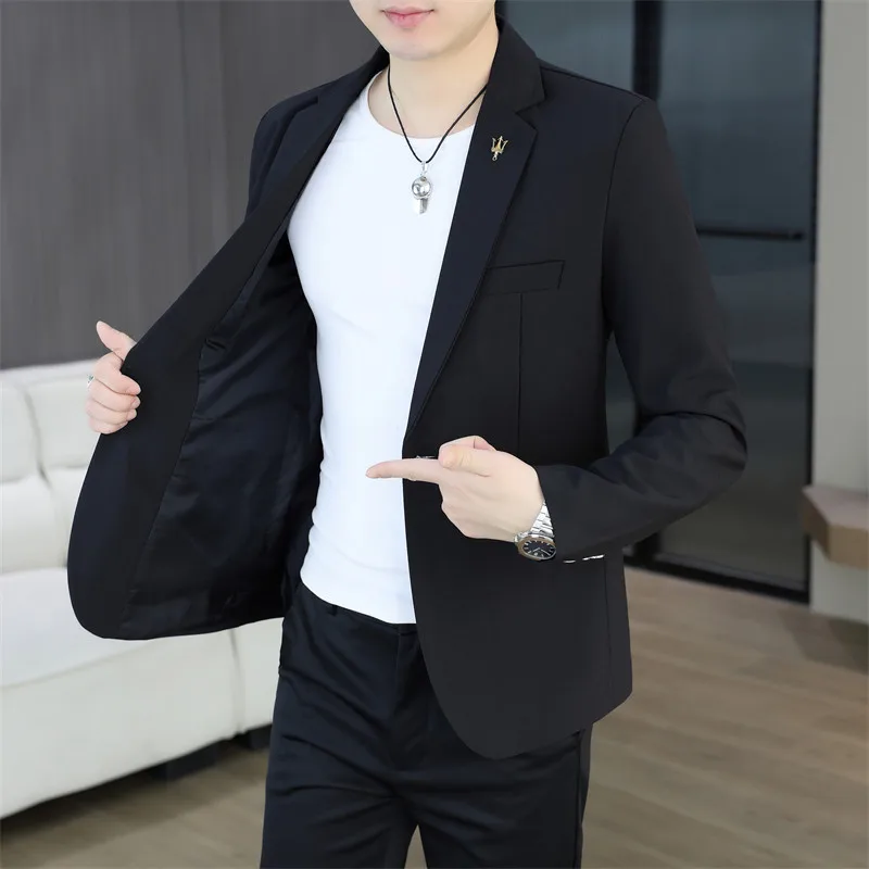 

Мужской повседневный костюм-тройка в корейском стиле, весна-осень, модный, из полиэстера, приталенный, на одной пуговице