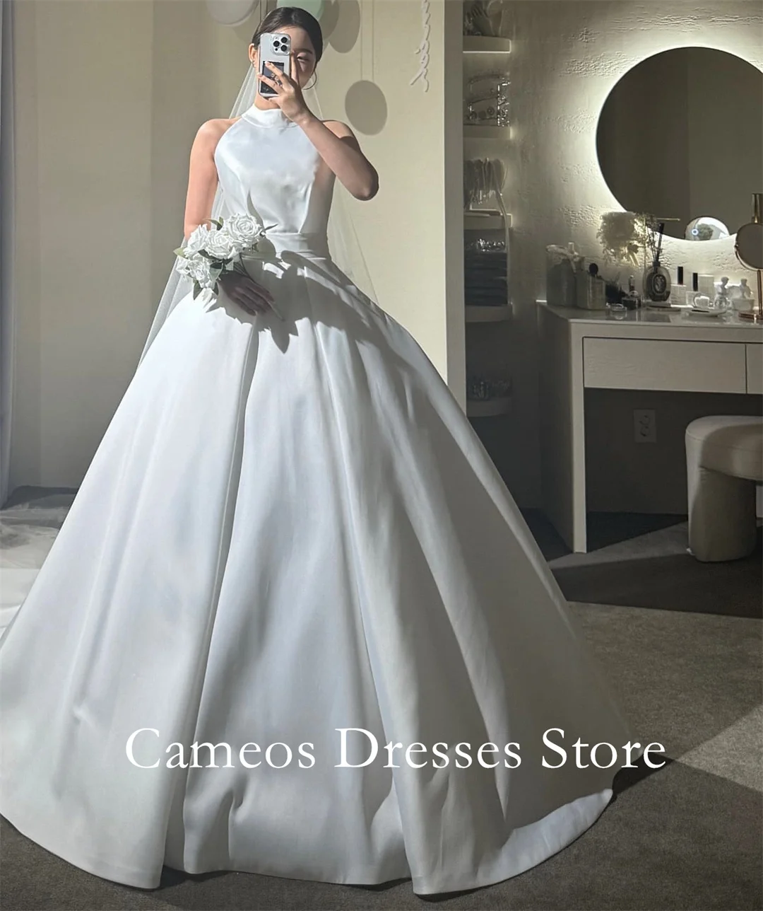 Sondr personalizado alta pescoço vestidos de baile vestidos de casamento simples a linha cetim espartilho coreia vestidos de noiva feminino