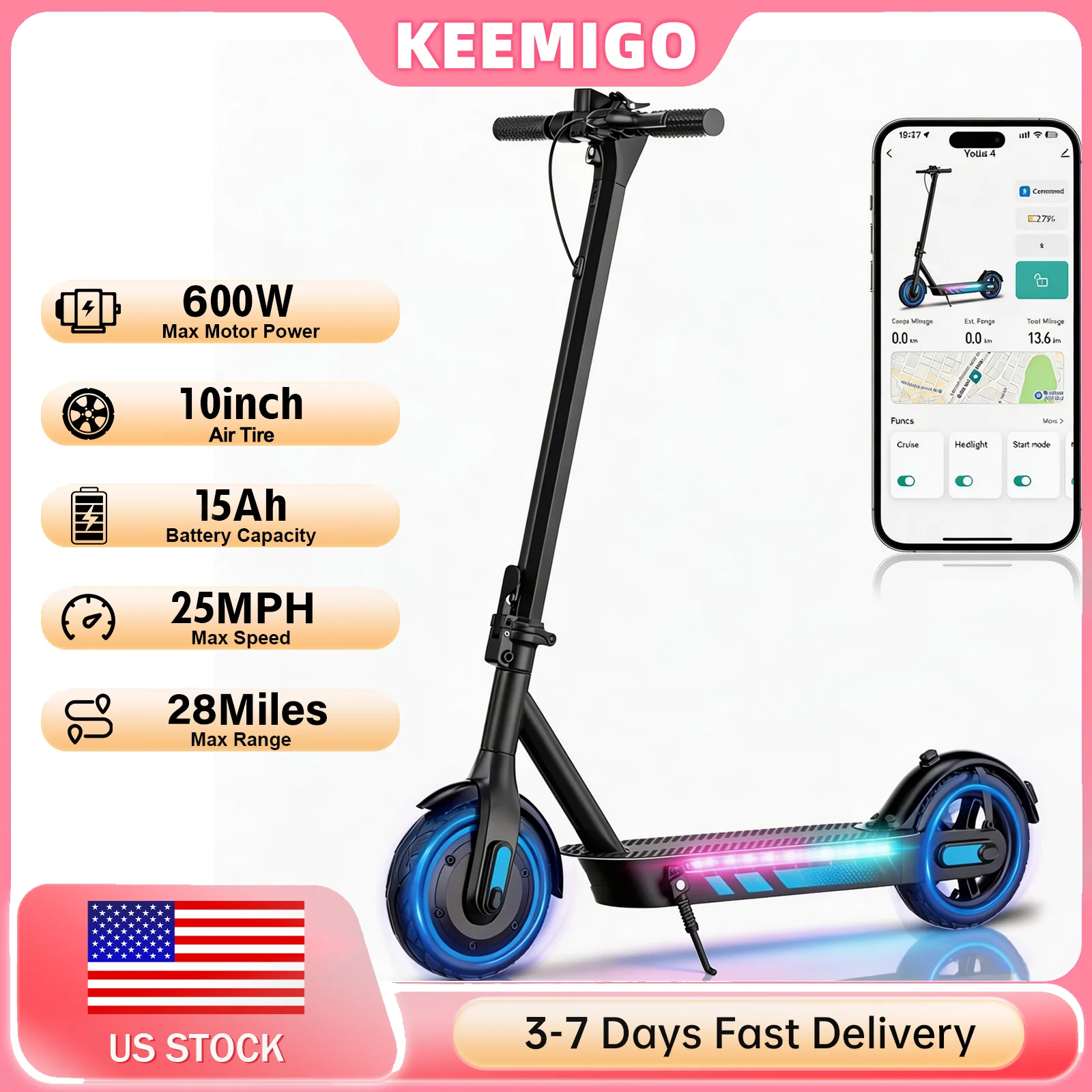 

Keemigo 36V15AH Battery Electric Scooter For Adults 600W Motor 10" Air Tires 25 MPH 28 Miles Range Folding With Dual Suspension
