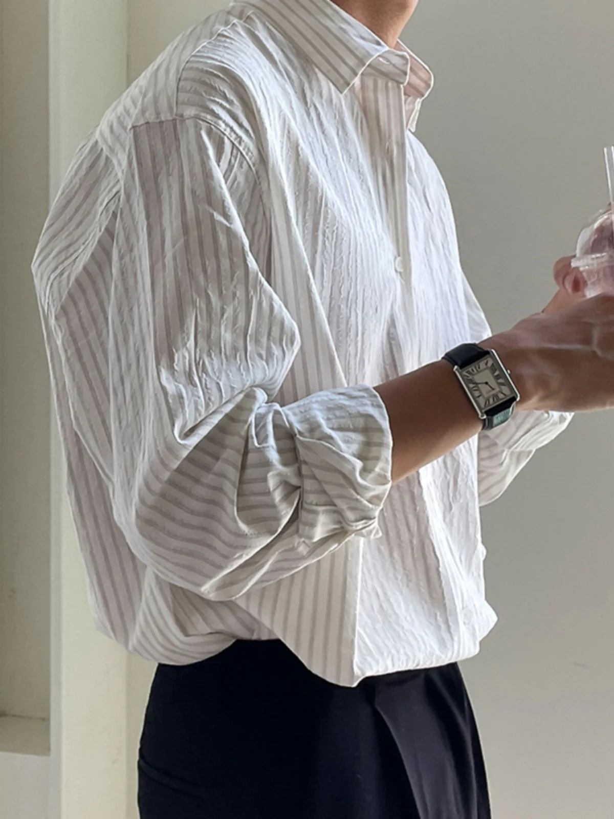 

Men's Stripe Shirt Casual Long Sleeve Autumn Spring Fashionable Versatile Outerwear Loose Fit Iron-Free Classic Style