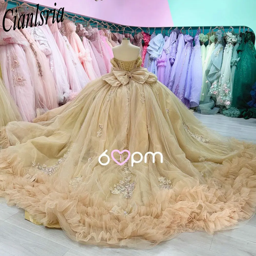 Champagne Appliques Pearls Ball Gown Quinceanera Dresses Off The Shoulder Tulle Pleat Bow Sweet 15 Birthday 2026 Customized